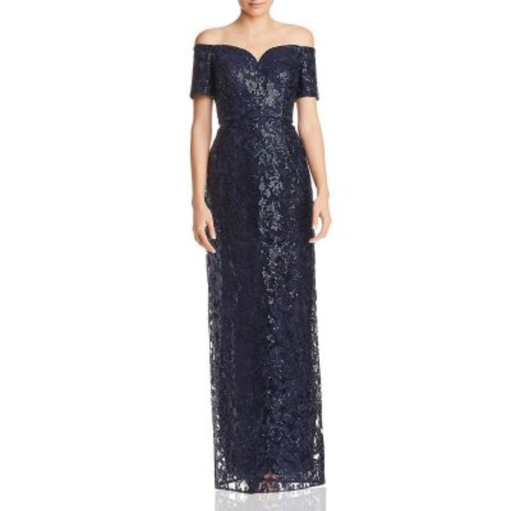 Adrianna Papell Navy Sequined  Maxi Formal Size 4